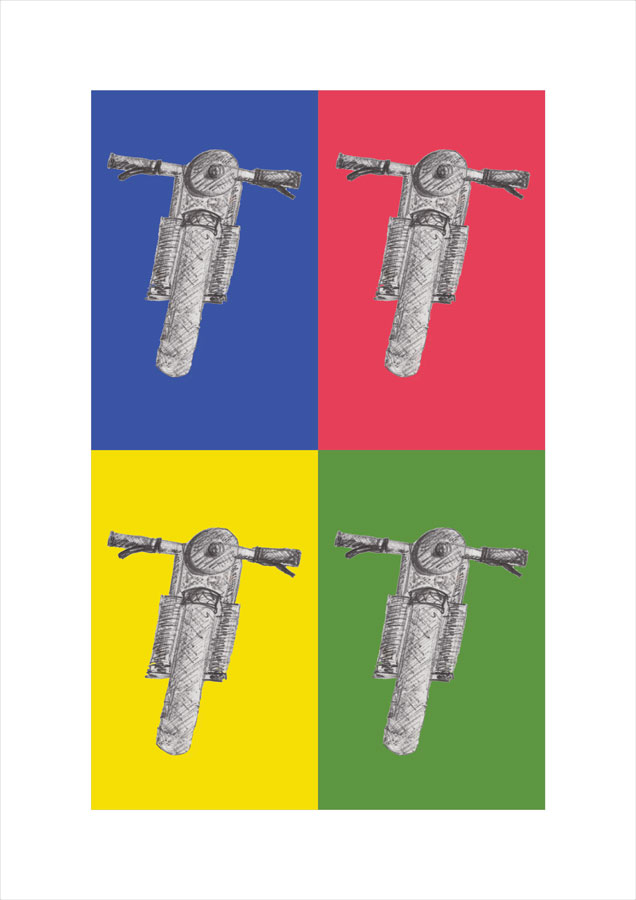 Giclée Print of the four motorcycles on a coloured background.
