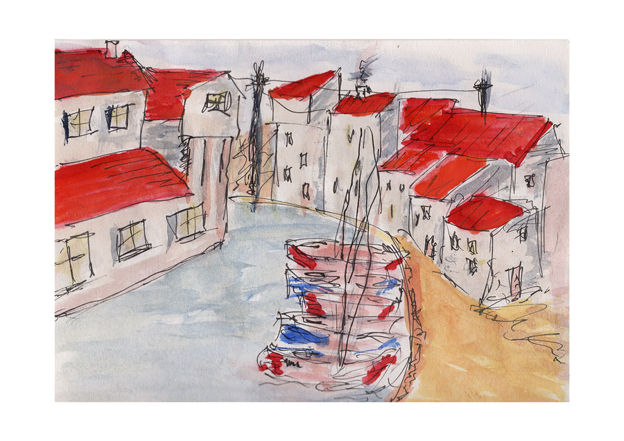 Seaside harbour watercolour