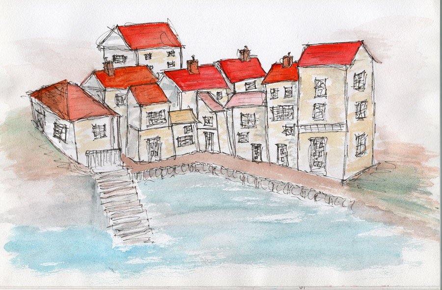 Seaside harbour watercolour