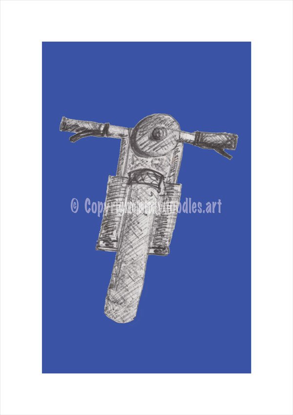 Giclée Print Of Vintage Motorcycle From Original Pencil Drawing Printed With Blue Background